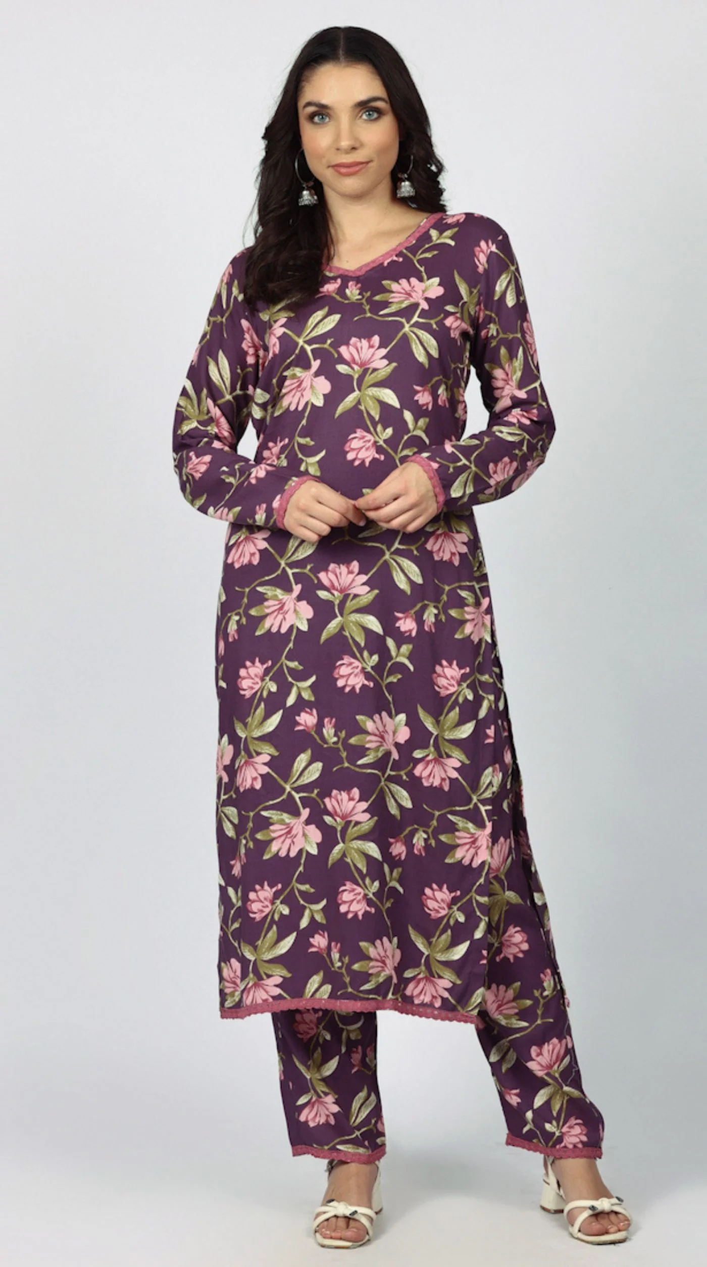 Purple Rayon Floral Printed Suit Set - Image 5