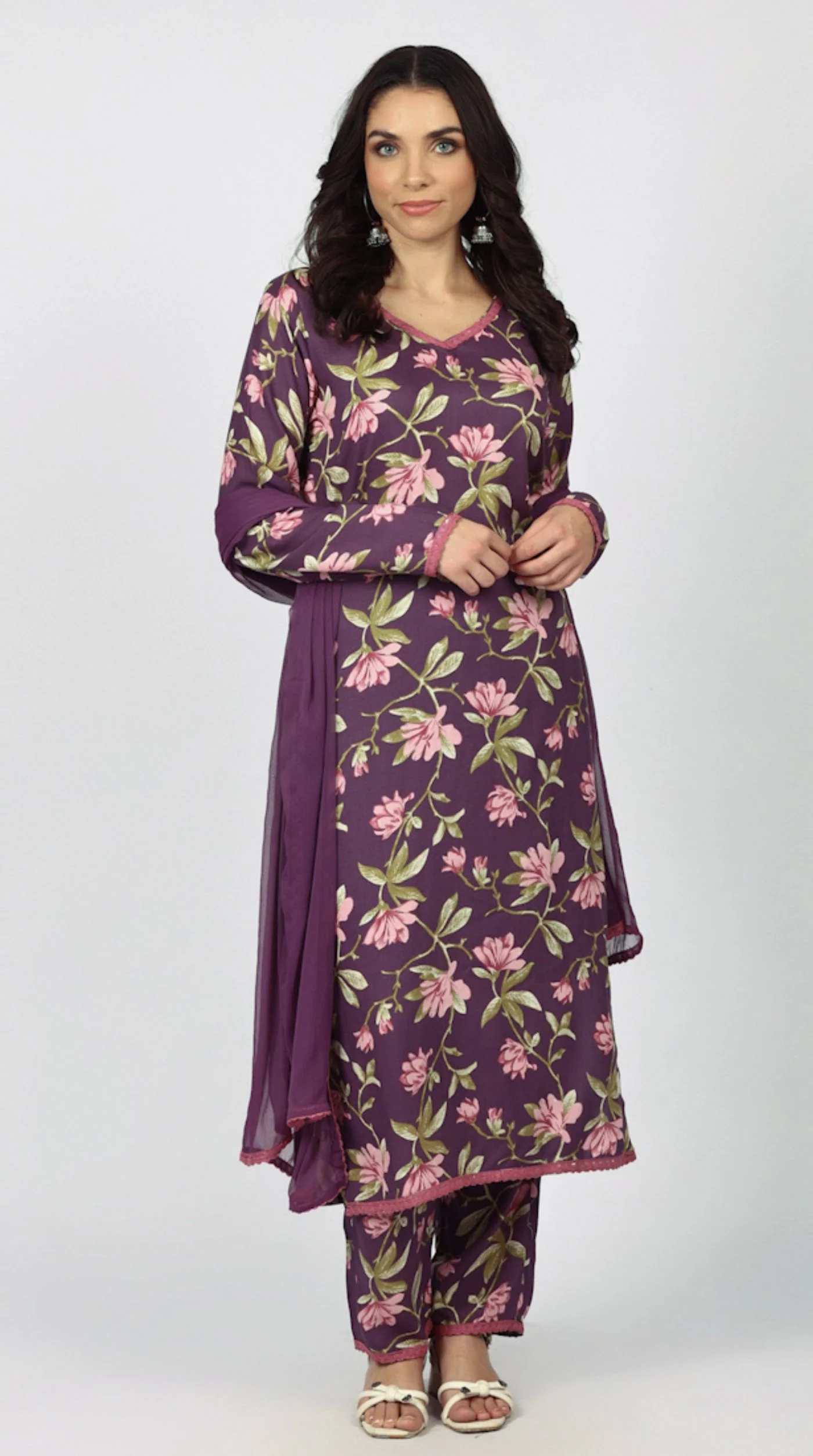 Purple Rayon Floral Printed Suit Set - Image 6