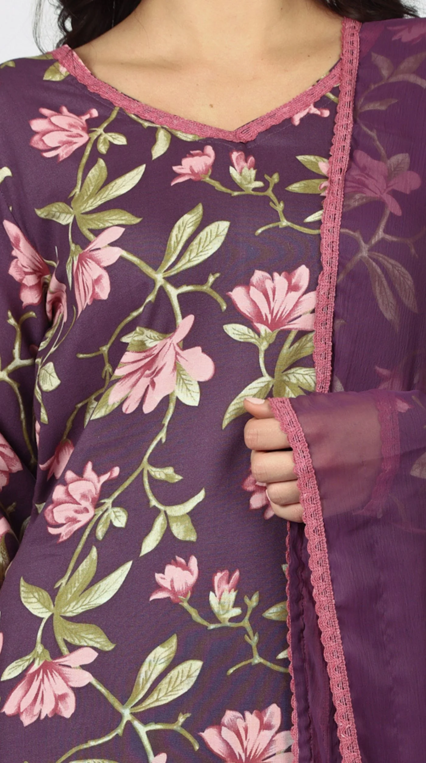 Purple Rayon Floral Printed Suit Set - Image 7