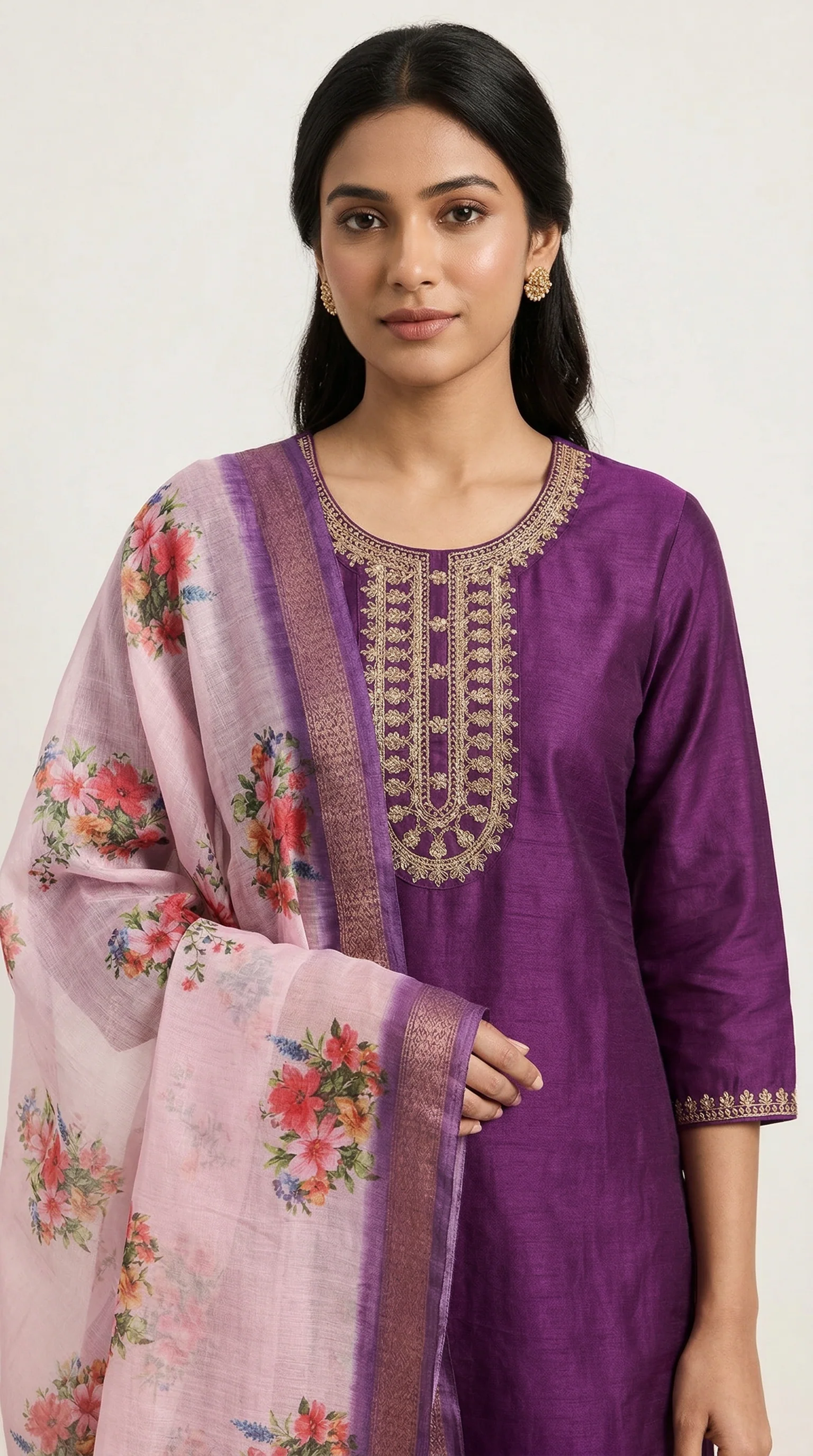 Purple Rayon Zari Embroidered Suit Set with Printed Chiffon Dupatta - Image 2