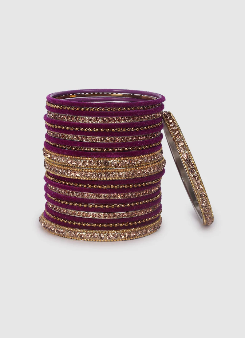 Purple Velvet Bangle Set with Gold Diamonte - Image 2
