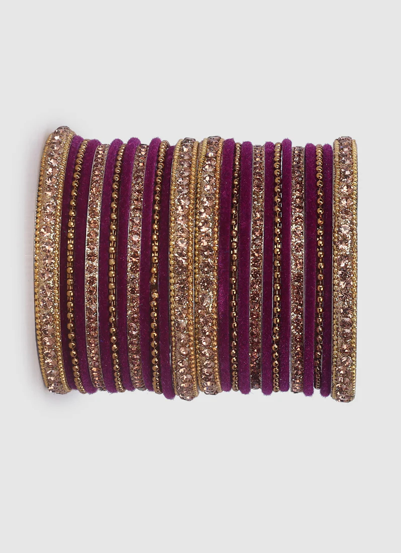 Purple Velvet Bangle Set with Gold Diamonte - Image 3