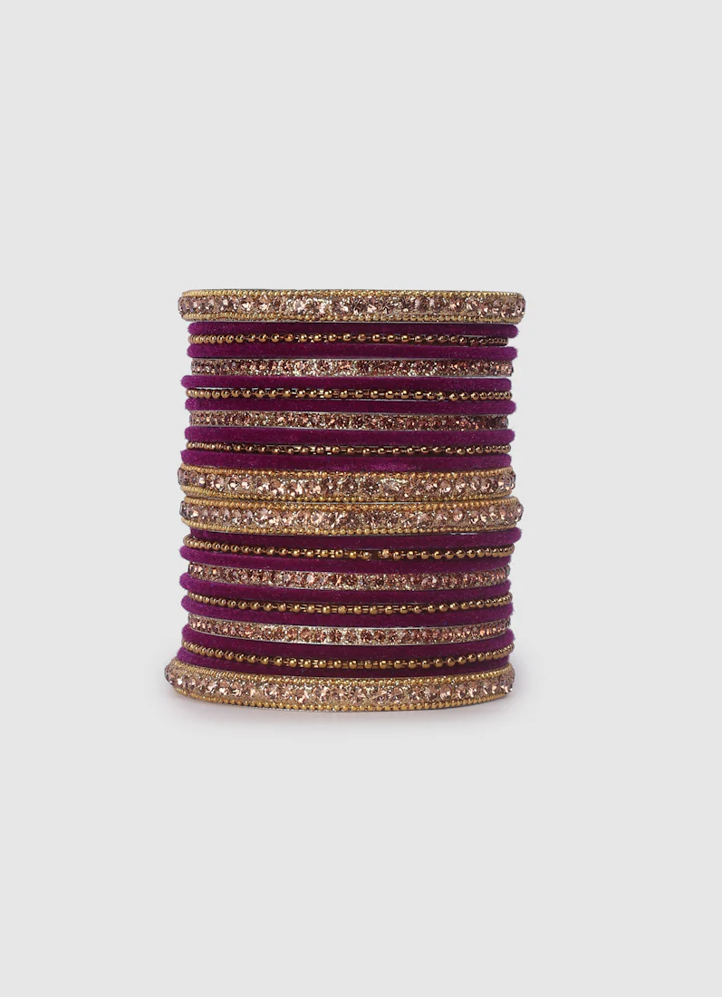 Purple Velvet Bangle Set with Gold Diamonte - Image 4