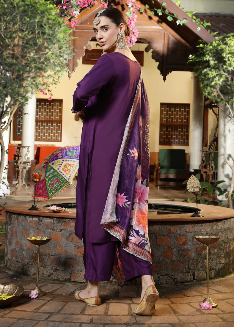 Purple Viscose Straight Cut Suit Set - Image 2