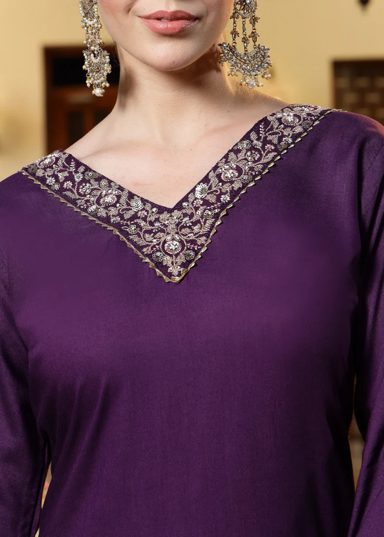 Purple Viscose Straight Cut Suit Set - Image 3