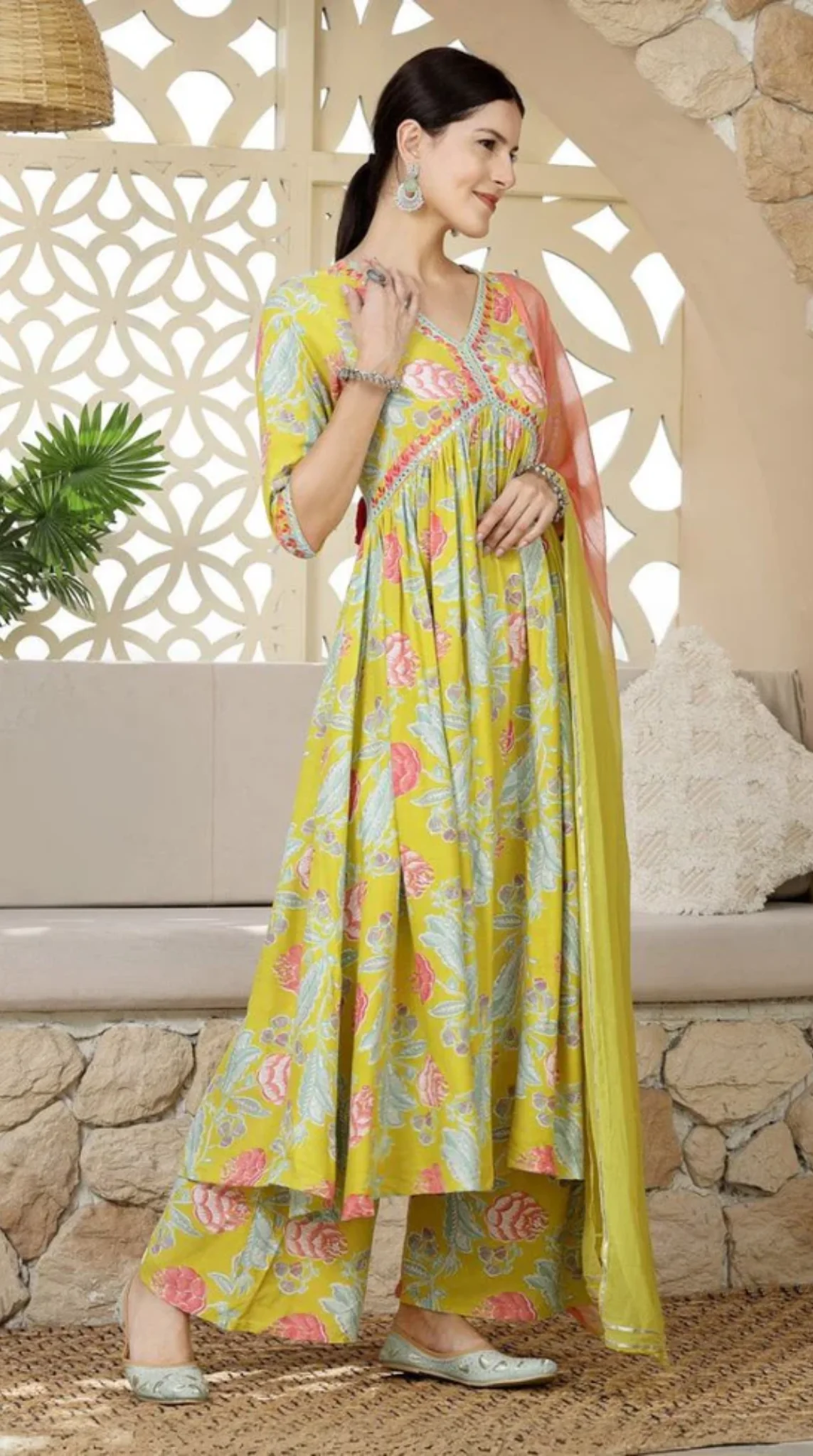 Rayon Bias Cut Suit Set In Yellow - Image 2