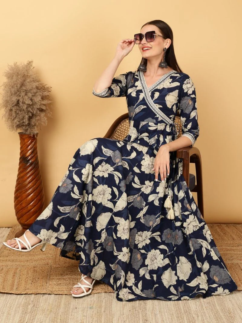 Rayon Navy Blue Printed Dress - Image 3