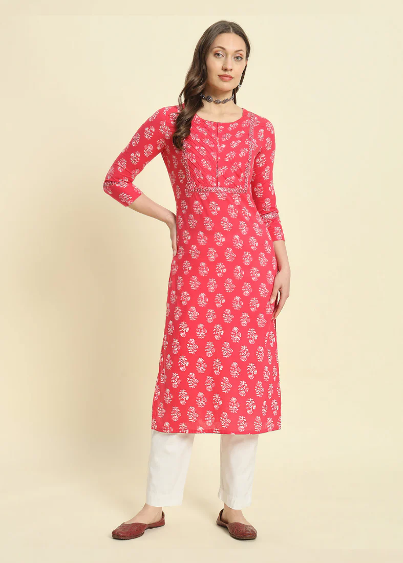 Red Cotton Batik Print Kurta - Image 2