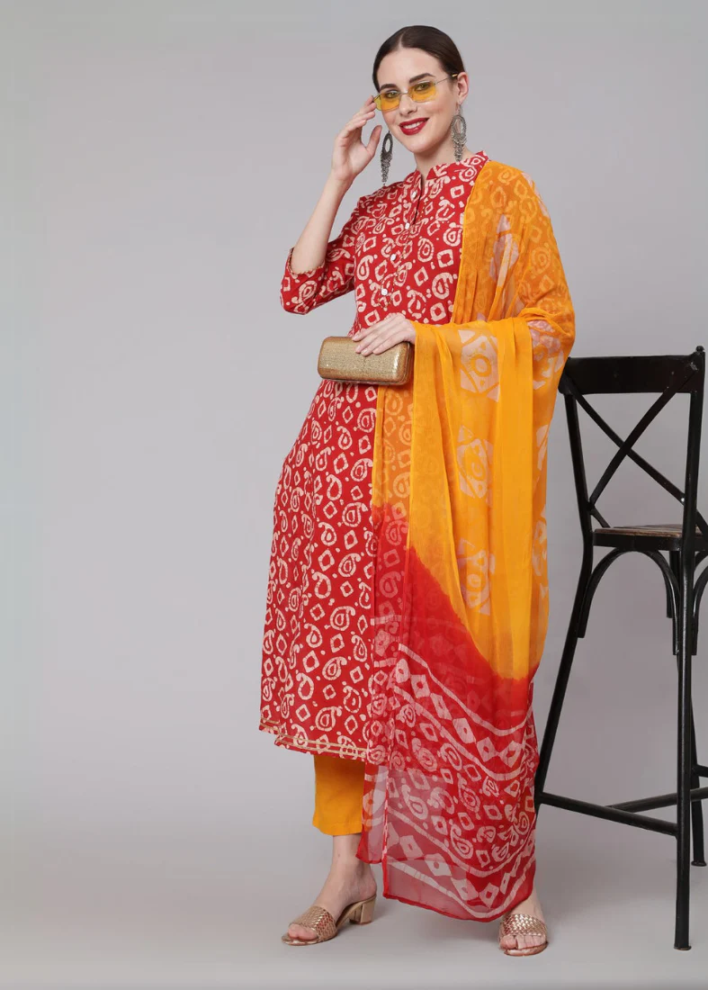 Red Cotton Straight Cut Suit Set - Image 2