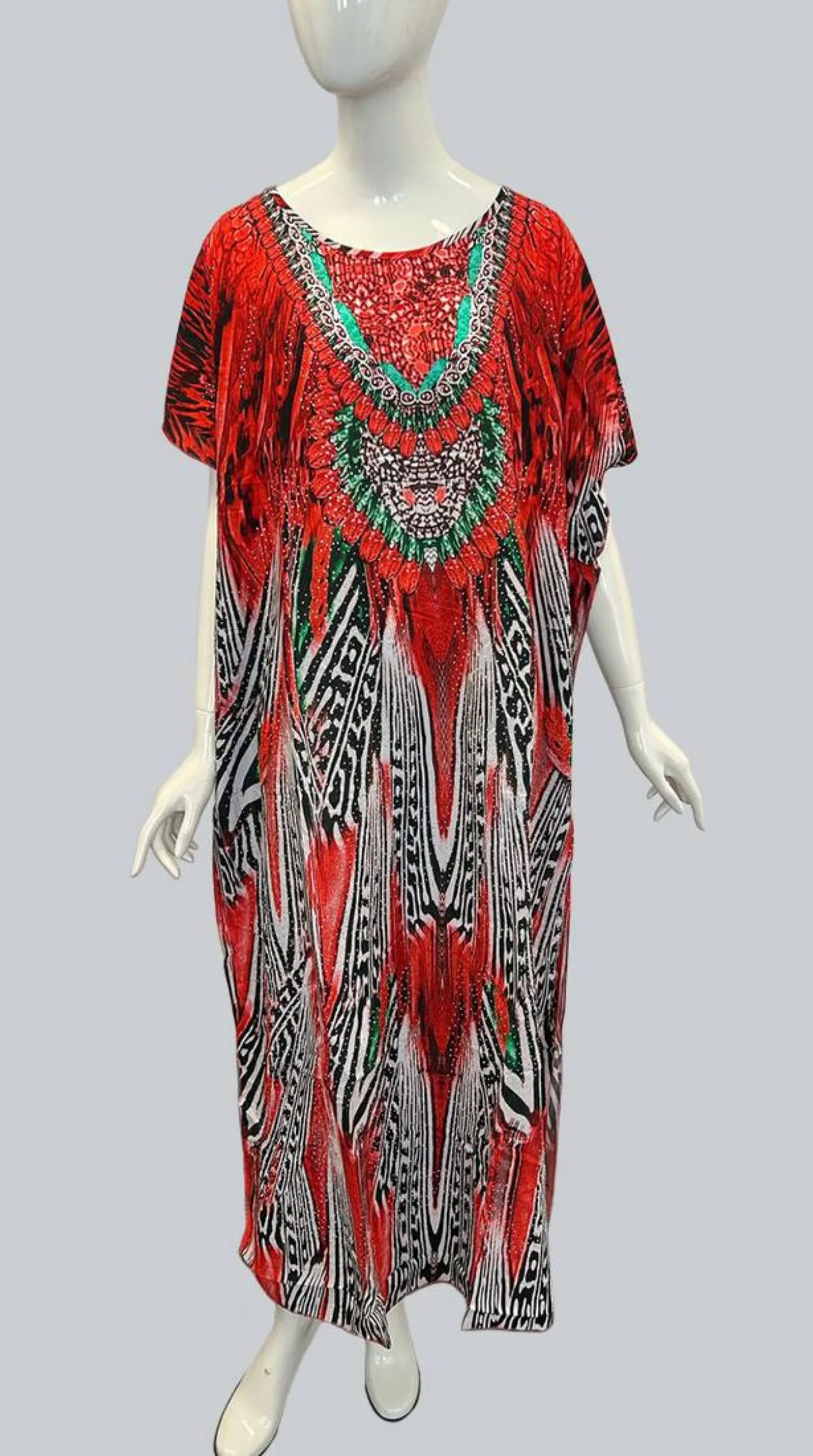 Red Digital Print Kaftan With Silver Stone Embroidery - Image 2