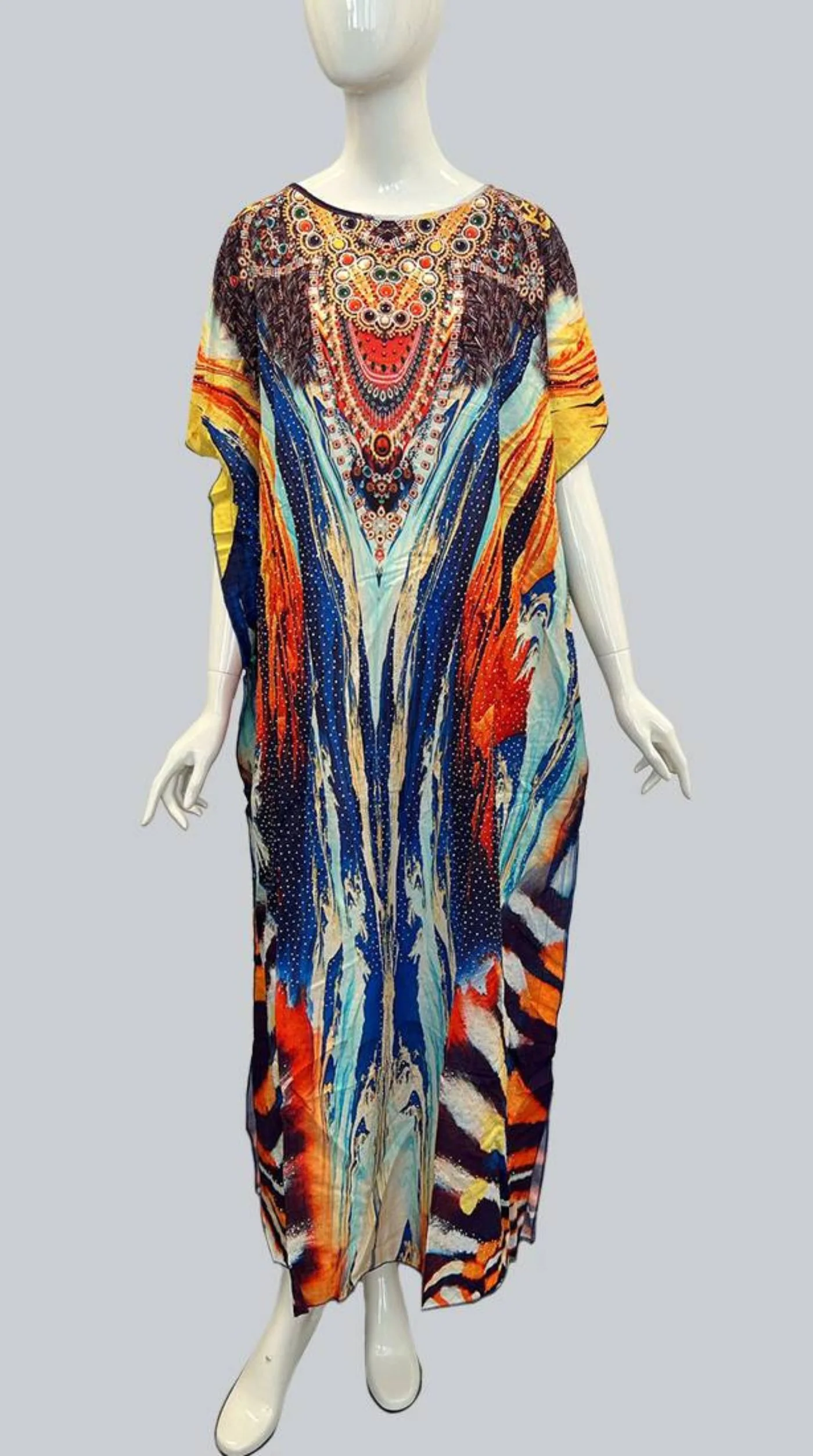 Red Digital Printed Kaftan With Silver Stone Embroidery - Image 2