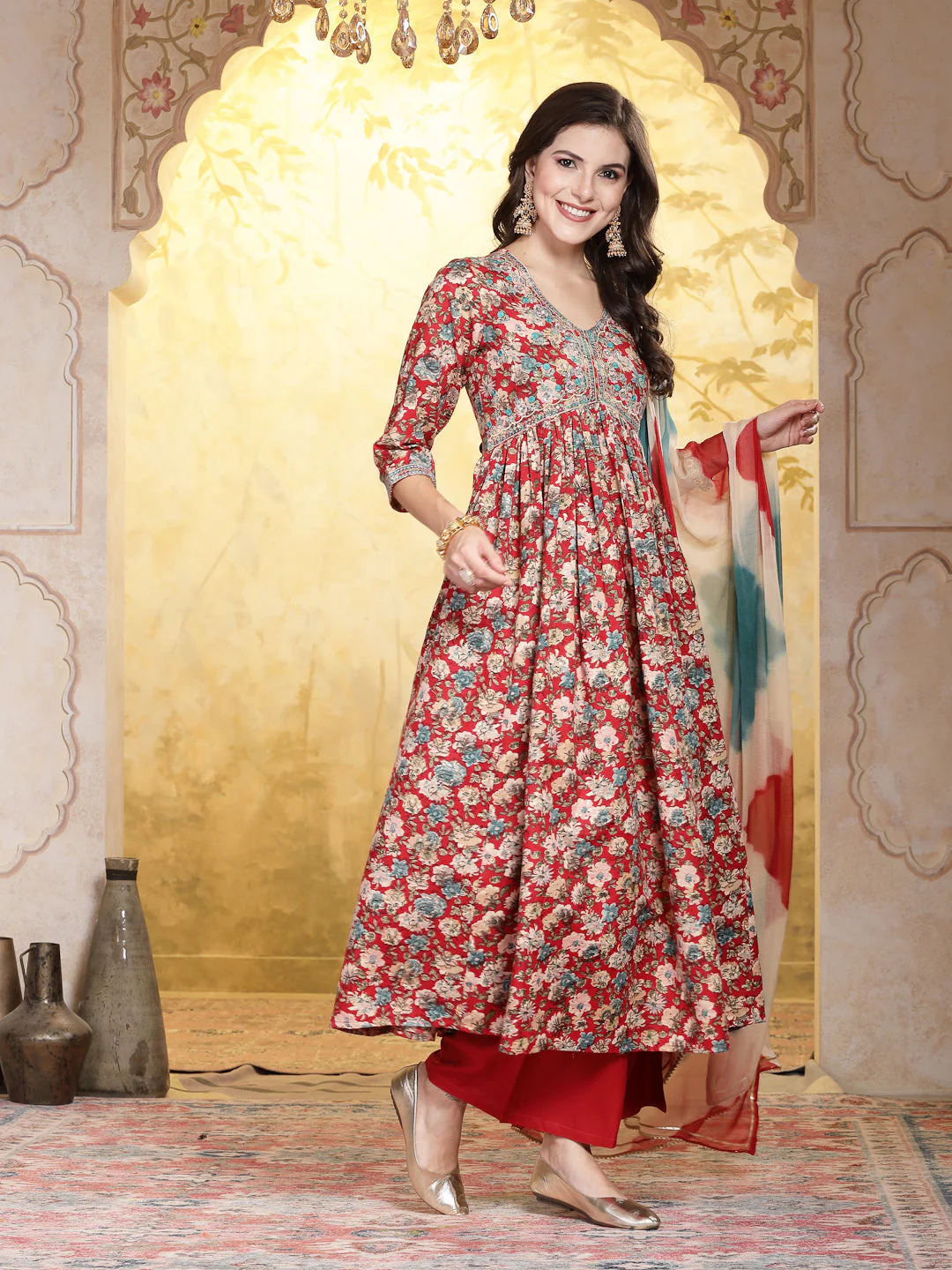 Red Flared Embroidered Suit Set - Image 2
