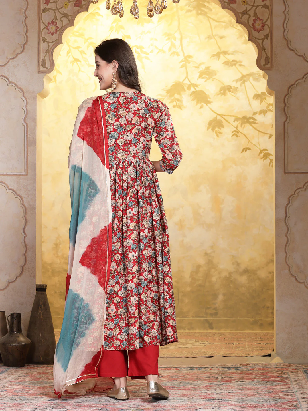 Red Flared Embroidered Suit Set - Image 3
