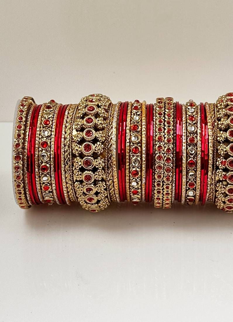 Red Kundan Double Bangle Set - Image 3