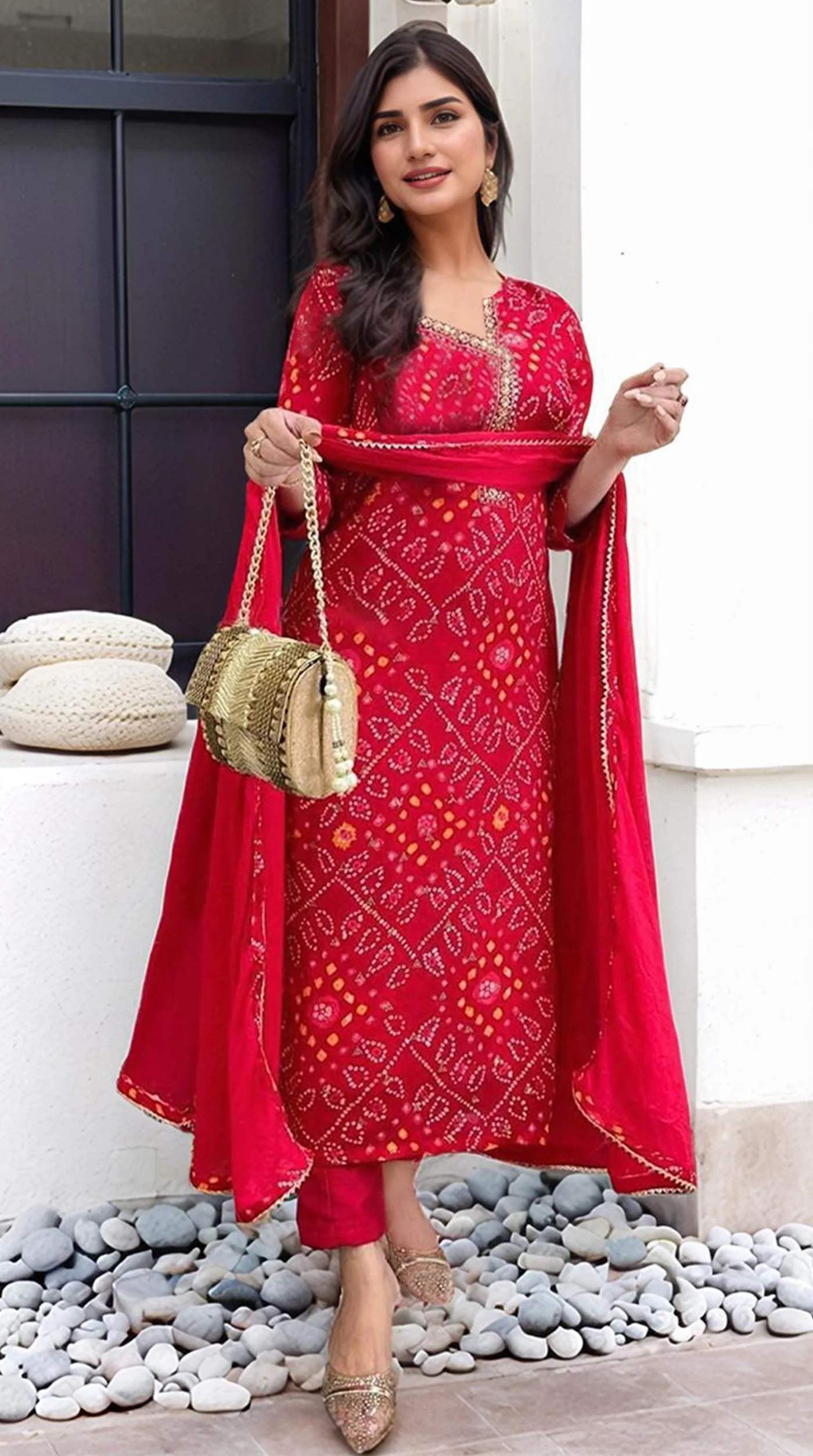 Red Rayon Printed Suit Set - Image 2