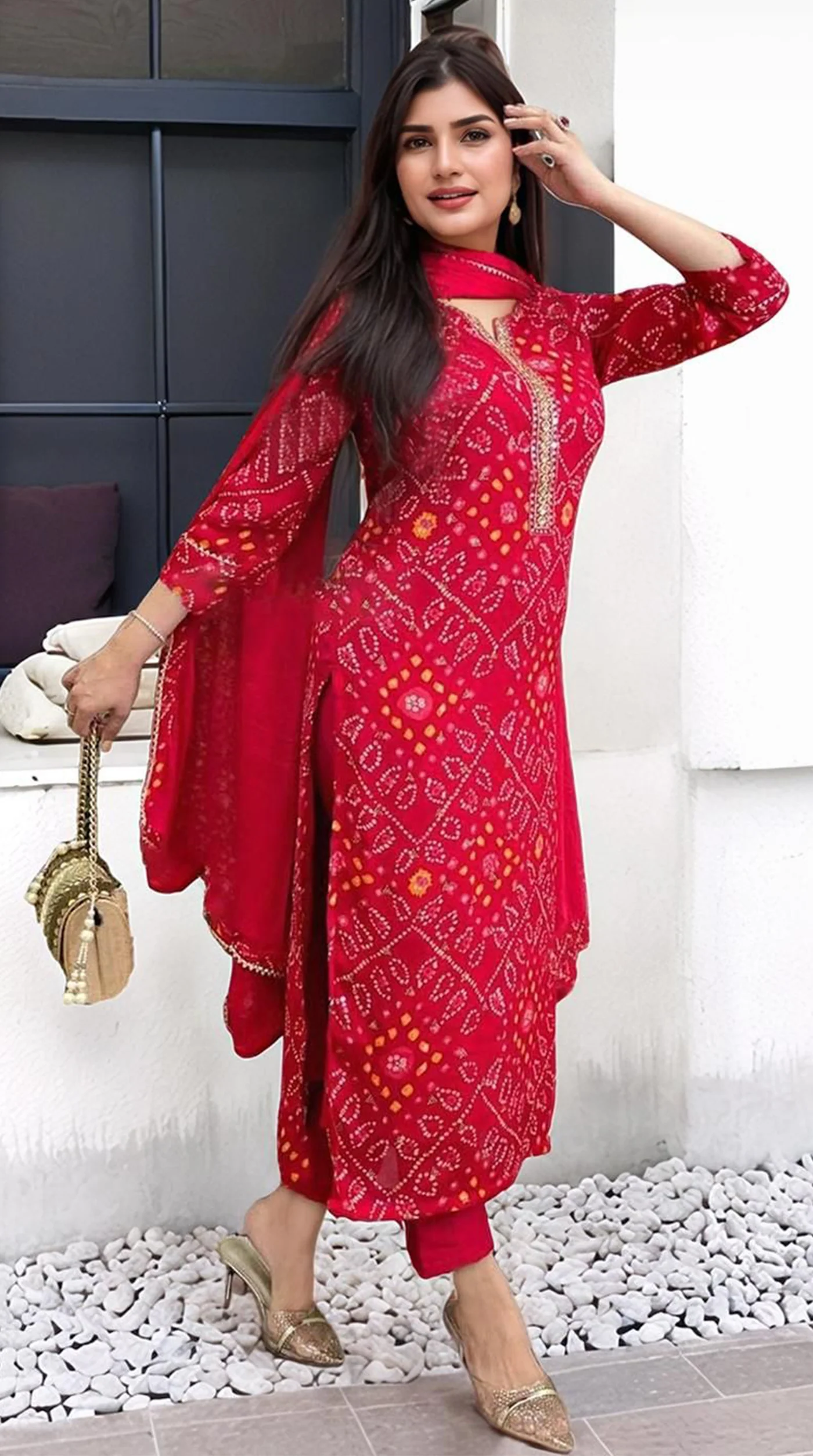 Red Rayon Printed Suit Set - Image 3