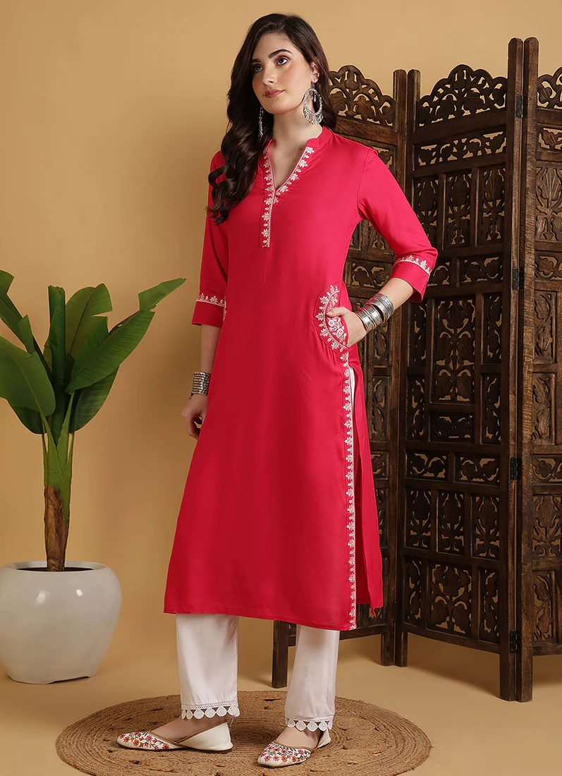 Rosy Pink Rayon Straight Cut Kurti - Image 2