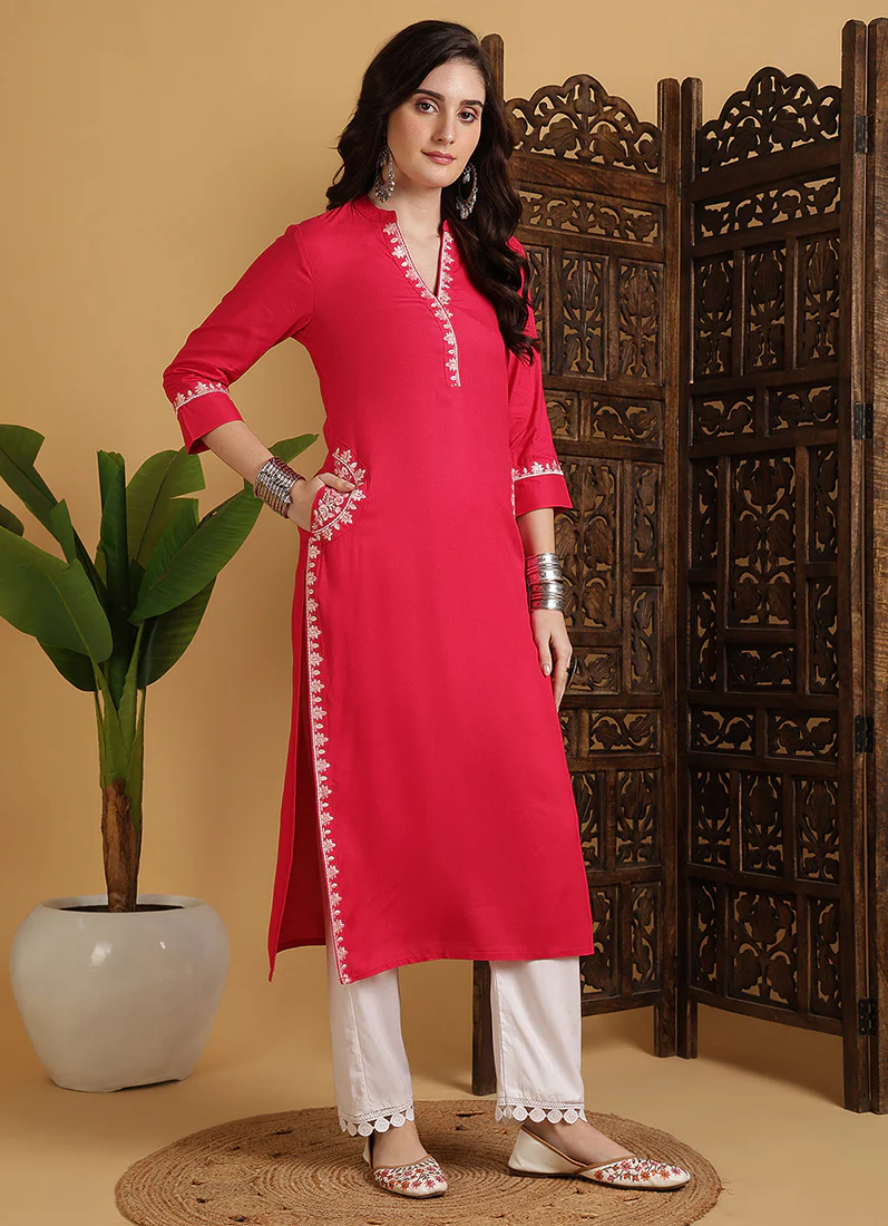 Rosy Pink Rayon Straight Cut Kurti - Image 3