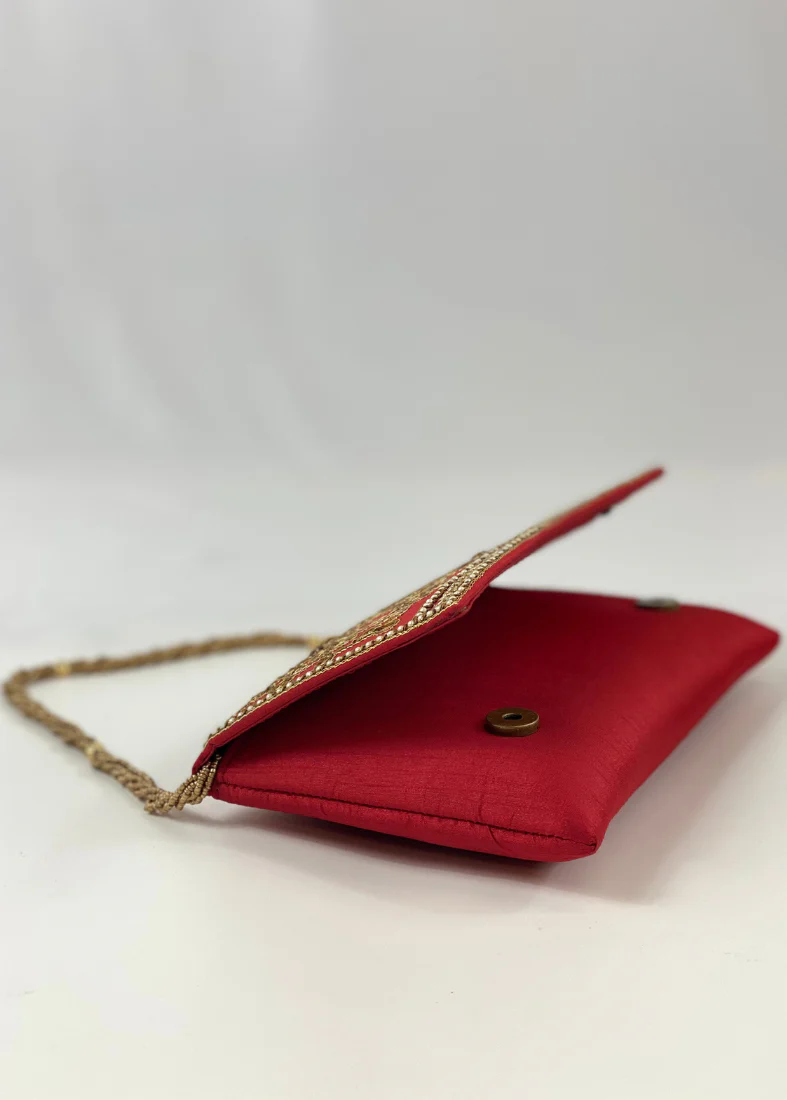 Red Silk Embroidered Handbag-Red - Image 3