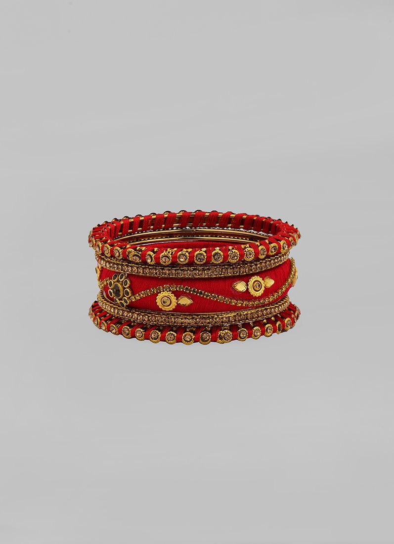 Red Thread Bangles with Gold Diamante - Image 3