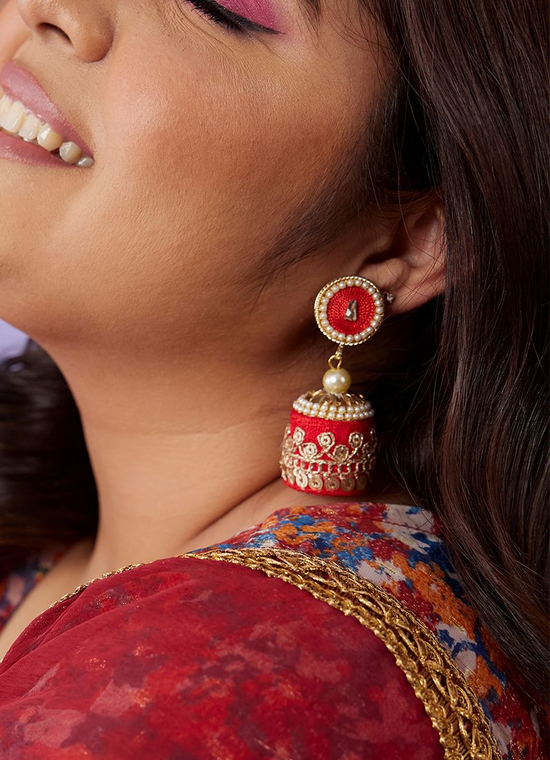 Red Thread Jhumki Earrings - Image 2
