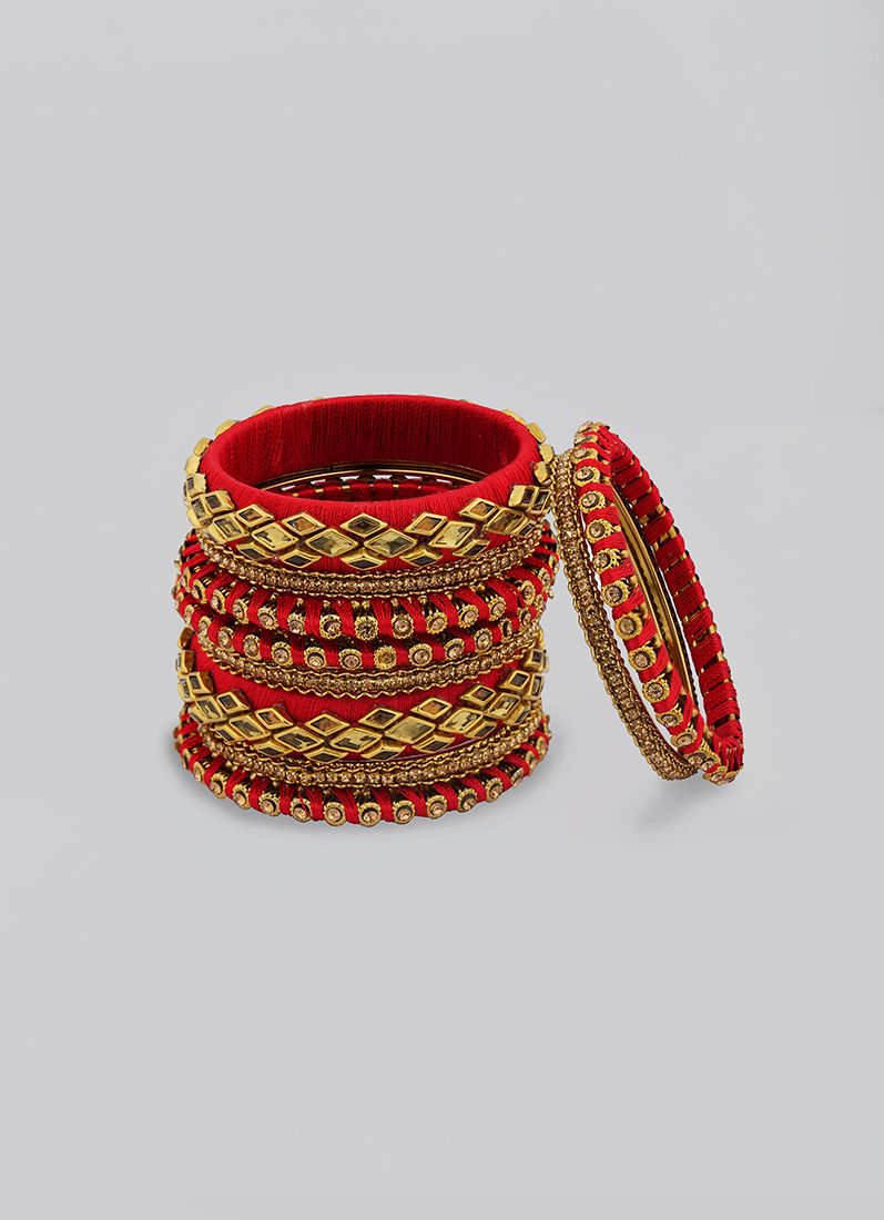 Intricate Red Thread work Bangle Set with Gold Diamante Detailing - Image 2