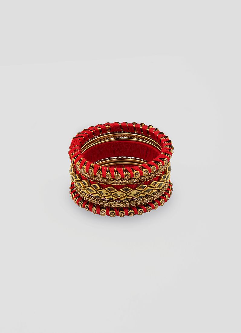 Intricate Red Thread work Bangle Set with Gold Diamante Detailing - Image 3