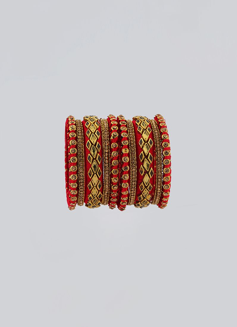 Intricate Red Thread work Bangle Set with Gold Diamante Detailing - Image 4