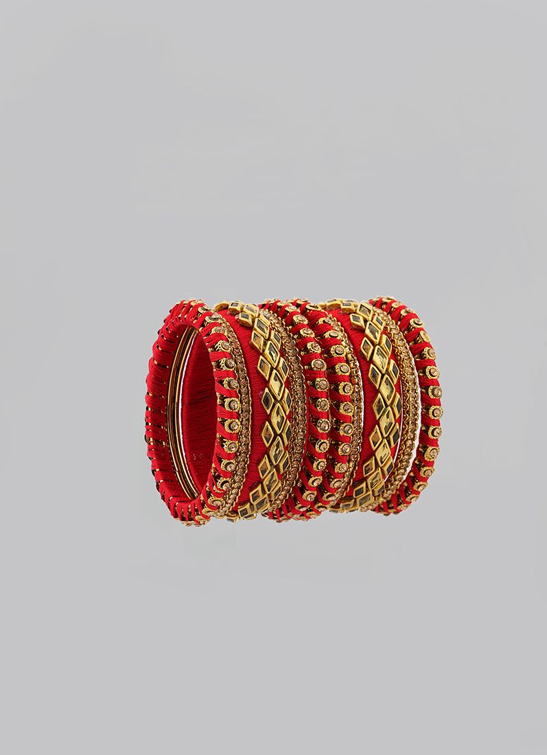 Intricate Red Thread work Bangle Set with Gold Diamante Detailing - Image 5