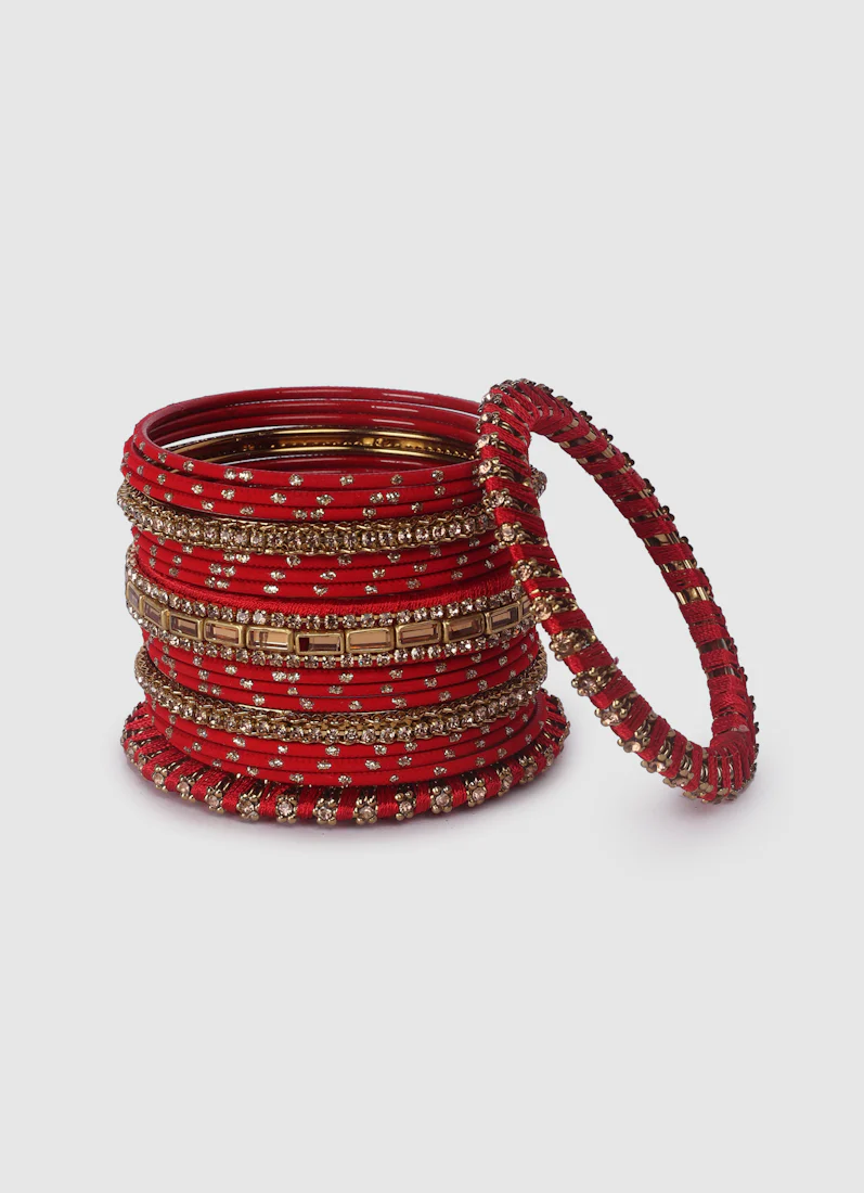 Red Threadwork Bangle Set with Gold Diamonte â€“ Bridal Jewellery - Image 3