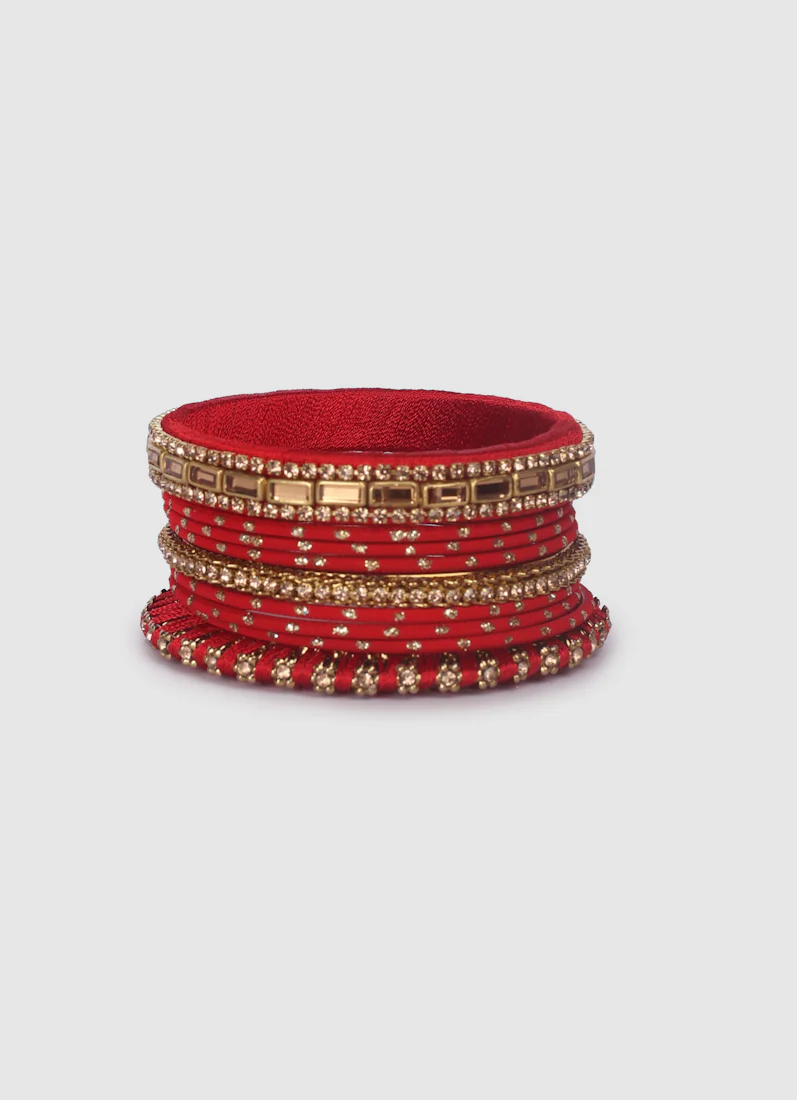 Red Threadwork Bangle Set with Gold Diamonte â€“ Bridal Jewellery - Image 4