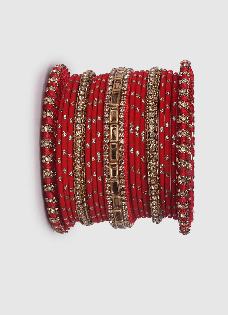 Red Threadwork Bangle Set with Gold Diamonte â€“ Bridal Jewellery - Image 5