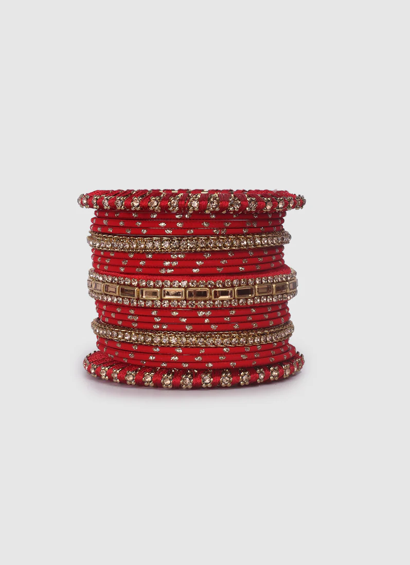 Red Threadwork Bangle Set with Gold Diamonte â€“ Bridal Jewellery - Image 6