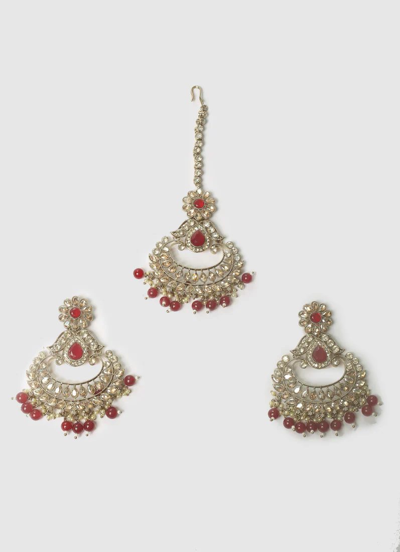 Regal Ruby Earrings & Tikka Set for Women - Image 2