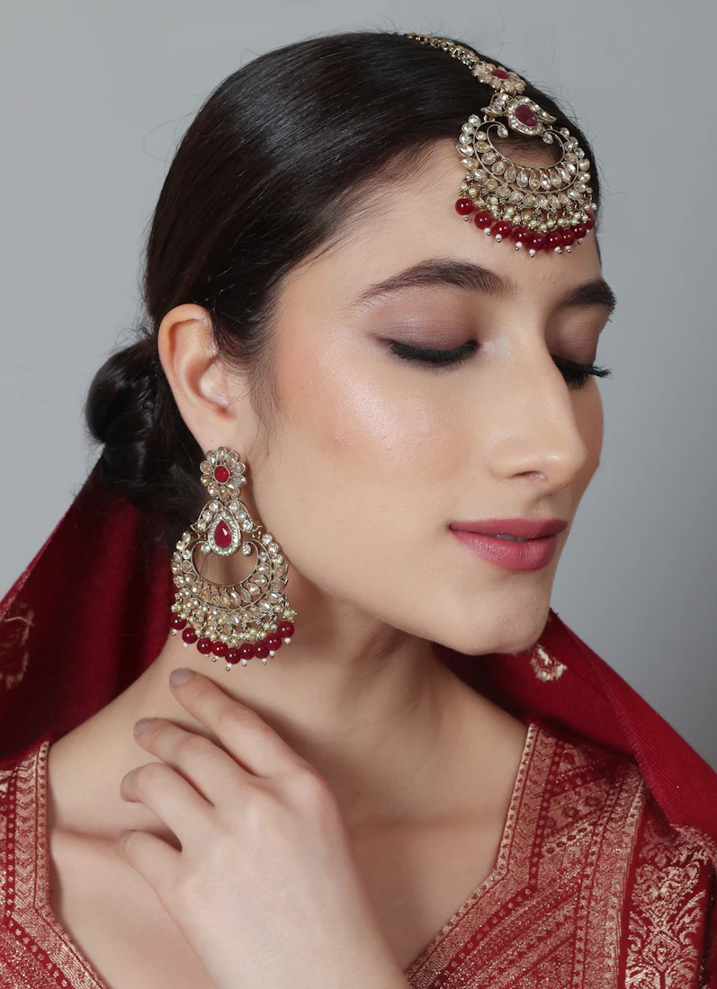 Regal Ruby Earrings & Tikka Set for Women - Image 7
