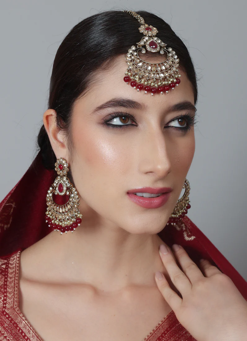 Regal Ruby Earrings & Tikka Set for Women - Image 9