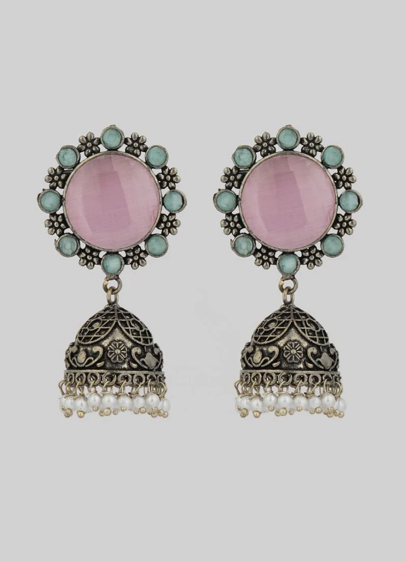 Rose Pink Cat’s Eye Stud Earrings in Oxidised Silver with Teal Stones - Image 2