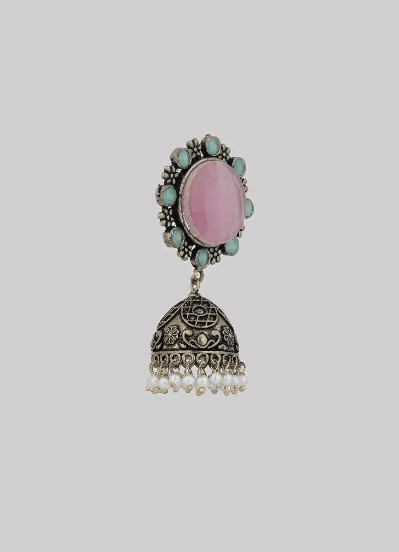 Rose Pink Cat’s Eye Stud Earrings in Oxidised Silver with Teal Stones - Image 3