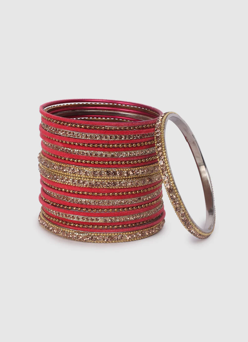 Rose Pink Velvet Bangle Set with Gold Diamonte - Image 2