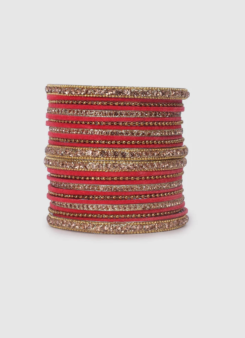 Rose Pink Velvet Bangle Set with Gold Diamonte - Image 3