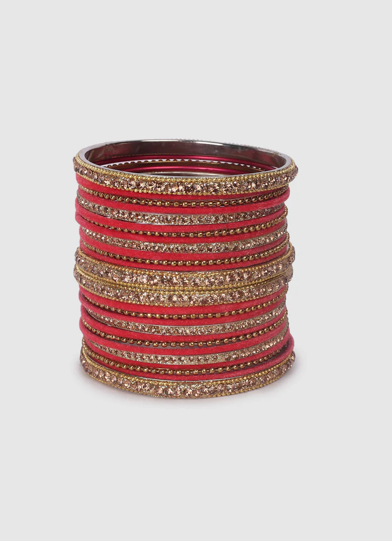 Rose Pink Velvet Bangle Set with Gold Diamonte - Image 4