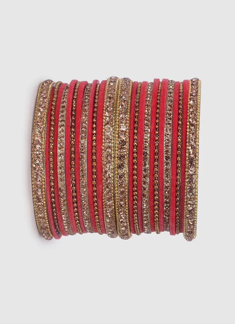 Rose Pink Velvet Bangle Set with Gold Diamonte - Image 5
