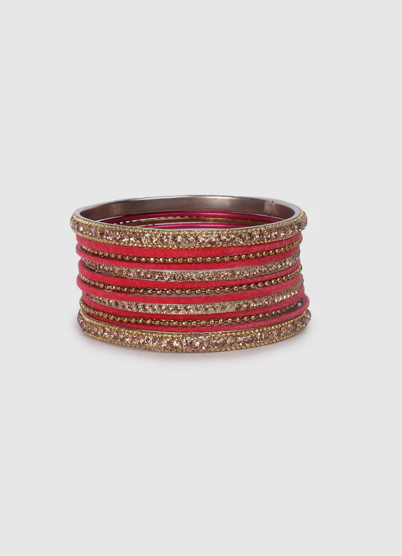 Rose Pink Velvet Bangle Set with Gold Diamonte - Image 6