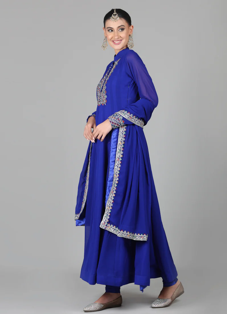 Royal Blue Georegtte Anarkali Suit Set - Image 2