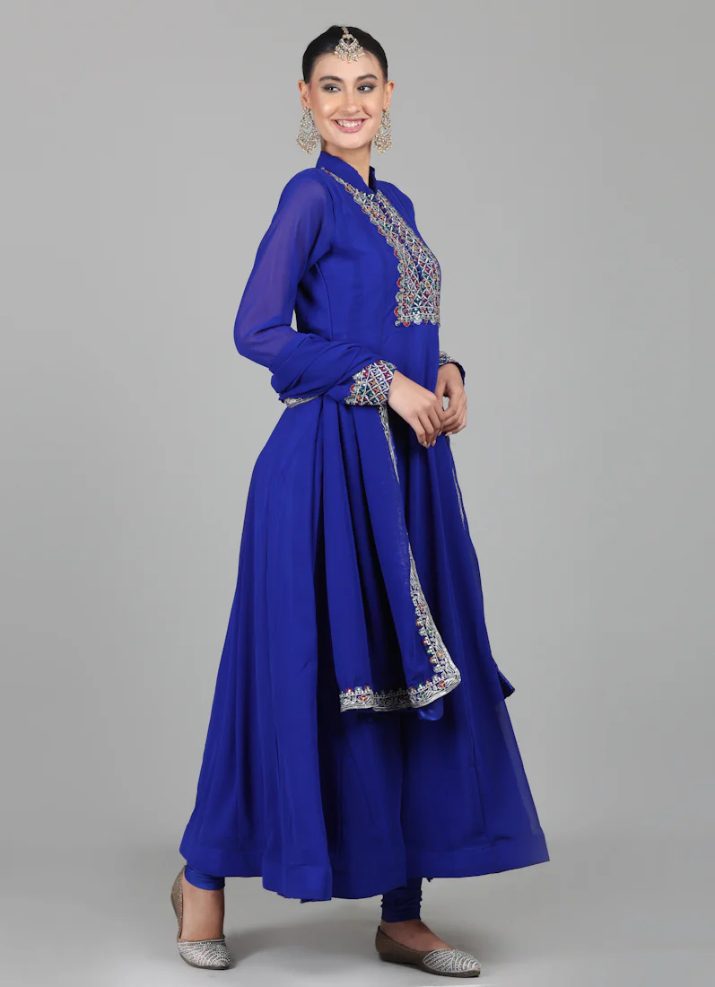 Royal Blue Georegtte Anarkali Suit Set - Image 3