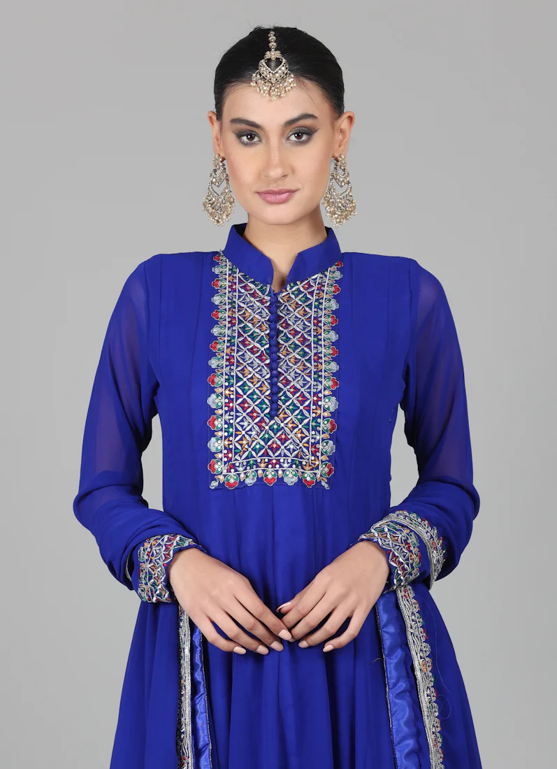 Royal Blue Georegtte Anarkali Suit Set - Image 4