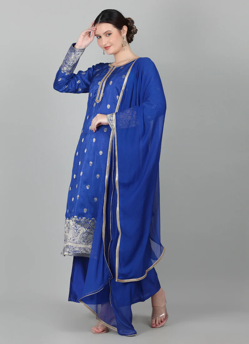 Royal Blue Georgette Jacquard Suit Set - Image 2