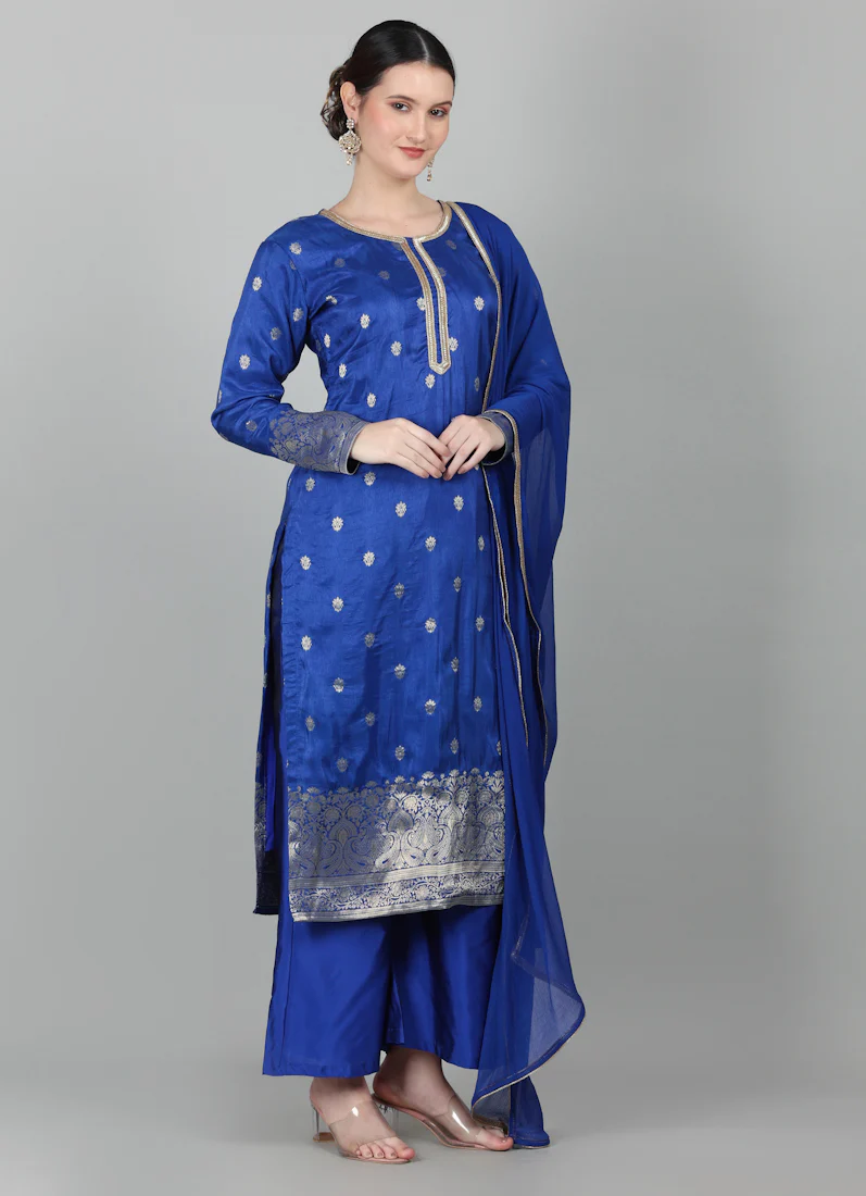Royal Blue Georgette Jacquard Suit Set - Image 3