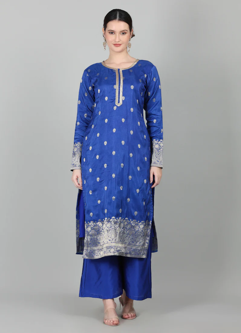 Royal Blue Georgette Jacquard Suit Set - Image 4