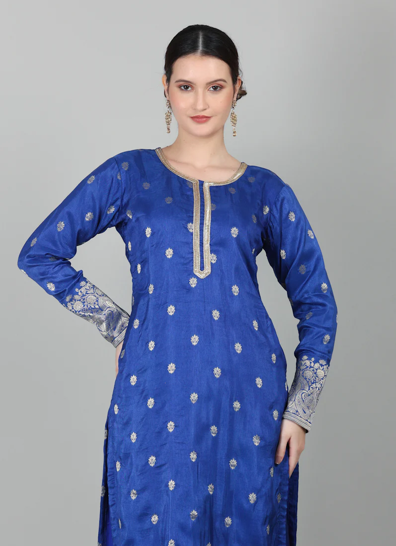 Royal Blue Georgette Jacquard Suit Set - Image 5